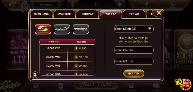 Phương thức thanh toán tại nhà game bằng thẻ cào điện thoại Phương thức thanh toán Sunwin