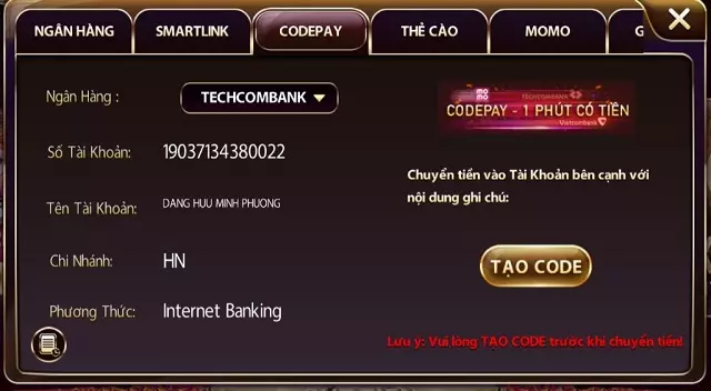 Phương thức nạp tiền Sunwin bằng hình thức codepay Phương thức thanh toán Sunwin